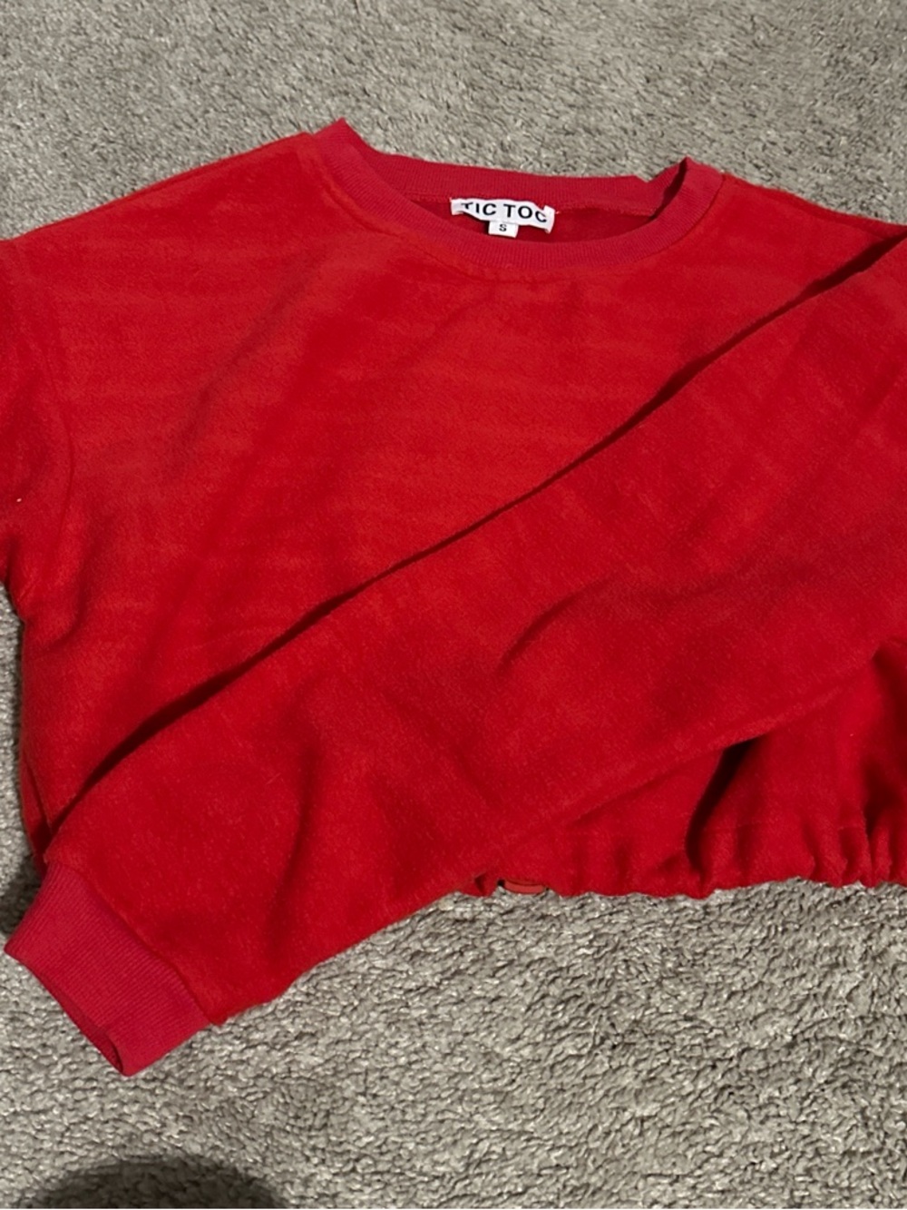 Red Cropped Sweatshirt with Ribbed Hem - Picture 2 of 4